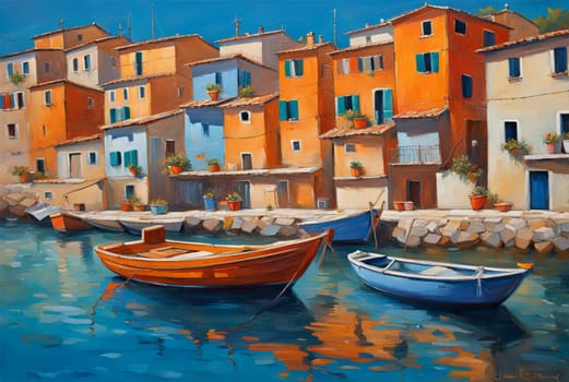 AI generated oil painting depicting a mediterraneam fishing village.