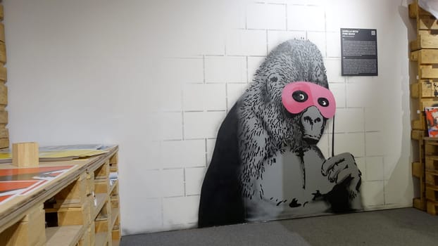 Stockholm, Sweden, December 29 2023. Art exhibition. The mystery of Banksi. A genius mind. Gorilla.