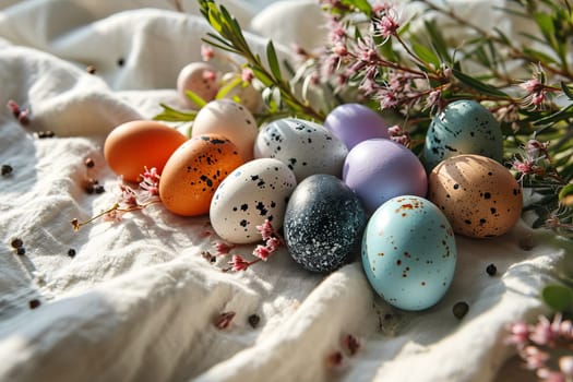 Easter eggs laid out on a white linen towel. AI generated.