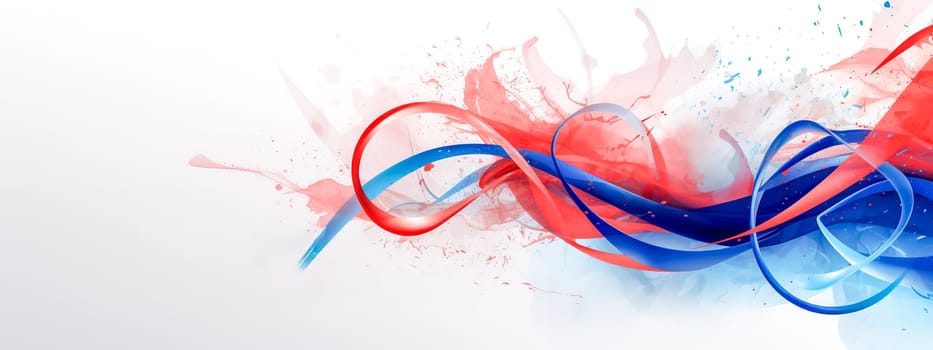 concept for the Olympic Games, with flowing ribbons in blue and red, possibly symbolizing the colors of the French flag, against a white backdrop with splashes of paint. banner with copy space