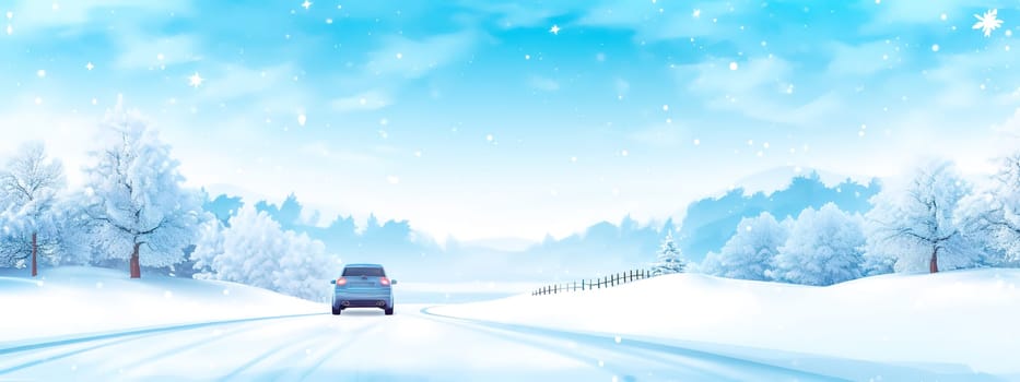 serene winter landscape with a single car traveling on a snow-covered road flanked by frosty trees under a soft blue sky, offering ample copy space banner