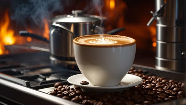 A cup of cappuccino coffee, glamor shot, photo shoot, closeup