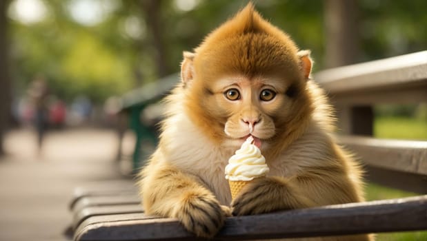A smiling little monkey holding a yellow and white ice cream cone sits on a bench against a green park backdrop