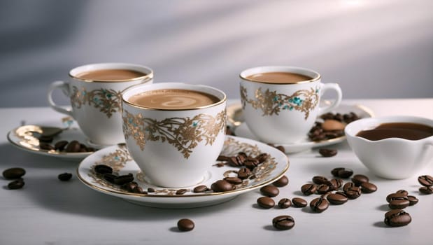 Cappuccino coffee cups, glamour shoot, photo shoot, close-up, light gray background