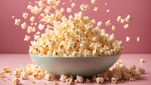 Exploding popcorn in a glass bowl on a pink background