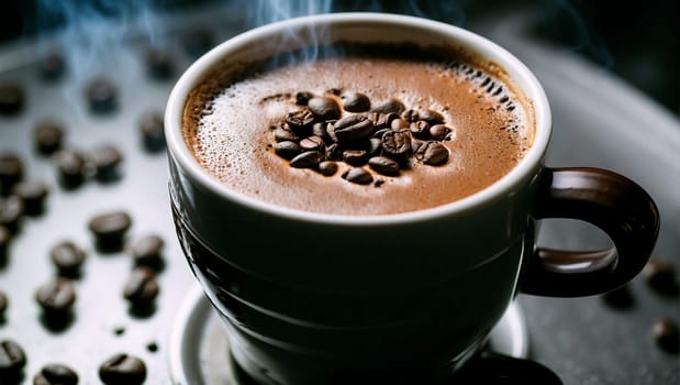 A cup of coffee on the stove, glamor shot, photo shoot, top view, close-up view