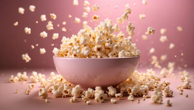 Exploding popcorn in a glass bowl on a pink background