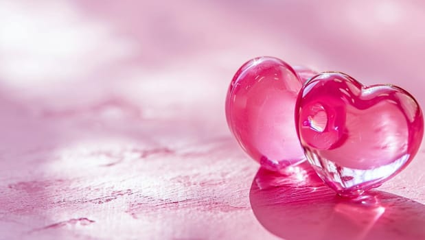 Red heart on pink background. Two heart-shaped object is located to the side, there is space for text. High quality photo