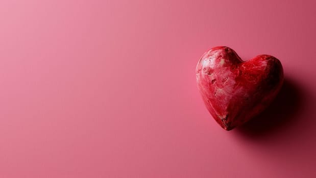 Red heart on pink background. One heart-shaped object is located to the side, there is space for text. High quality photo