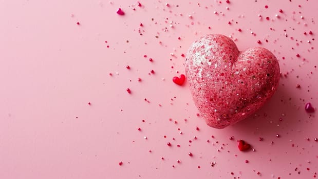 Red heart on pink background. One heart-shaped object is located to the side, there is space for text. High quality photo