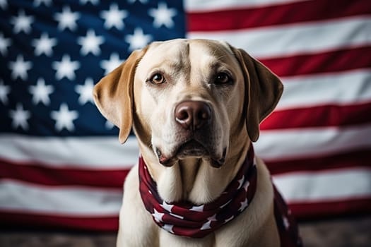 Labrador dog against the background of the US flag. Elections, US Independence Day. Patriotic dog.