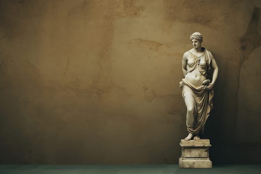 A Classical Marble Statue Depicting a Draped Female Figure with copy space, wall background