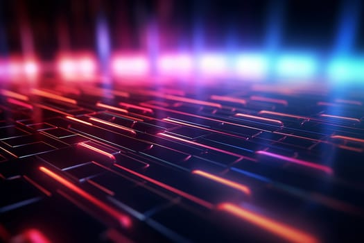 A glowing grid lit by neon lights in red and blue hues, creating a futuristic and abstract design background