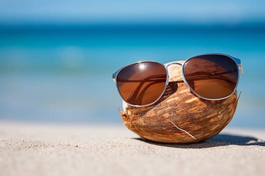 Sunglasses on a Coconut at a Sunny tropical Beach, fun background with copy space