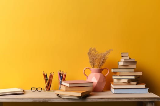 A colorful study setup with books and pencils against a bright yellow backdrop with copy space