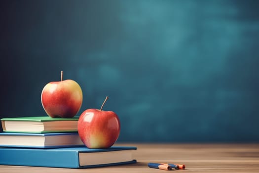 Education and Nutrition: Books and Apples on a Wooden Desk background with copy space