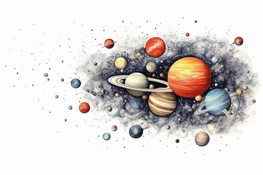 A Cosmic Planets with white background and Starry Galaxies, watercolor