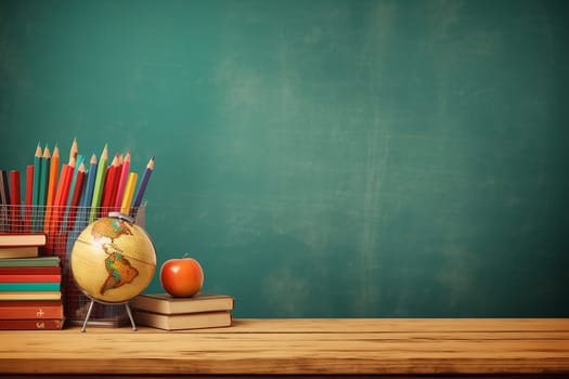 Educational tools on a desk against a chalkboard, back to school, background with copy space