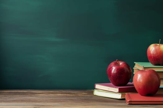 A Still Life of Education: Apples and Books Against a Chalkboard background