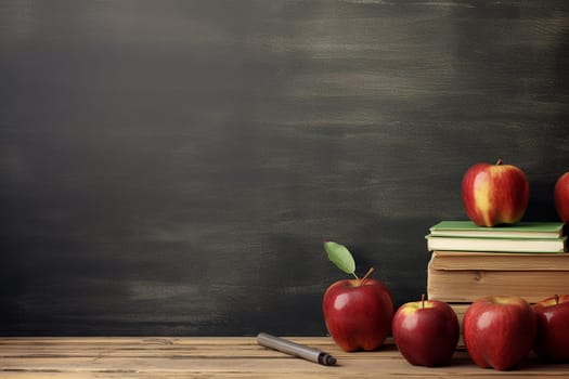 A Still Life of Education: Apples and Books Against a Chalkboard background