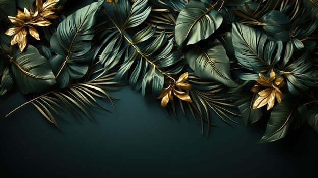 Dark green background with tropical leaves and space for text.