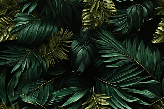 Dark green background with tropical leaves. Summer background.