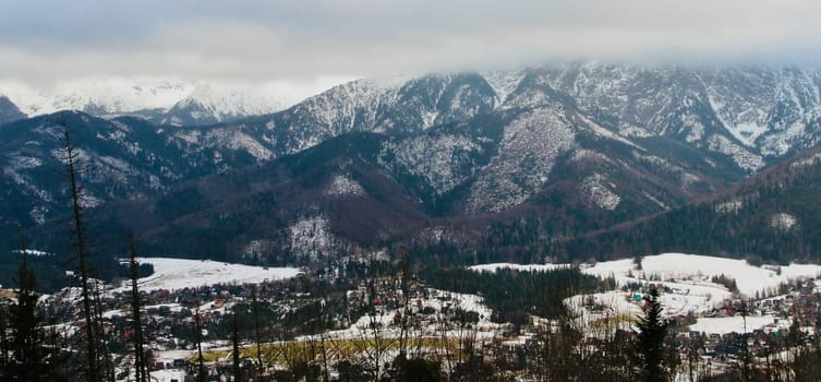 Beautiful snow-capped mountains and pine forests in a Polish city in cloudy weather. High quality photo