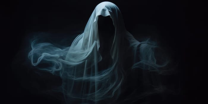 Portrait of paranormal ghost on midnight black background, paranormal powers