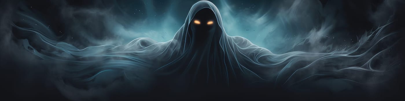 Portrait of ghost on a midnight black banner, paranormal powers concept