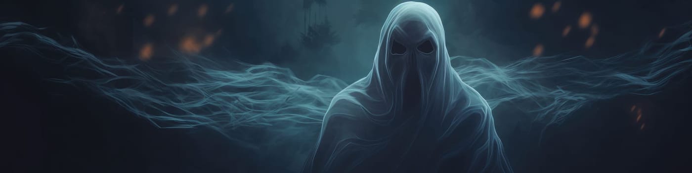Portrait of ghost on a midnight black banner, paranormal powers concept