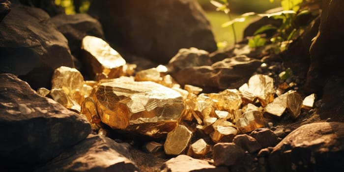 Raw gold pieces in the nature, yellow precious metal, mineral raw material concept