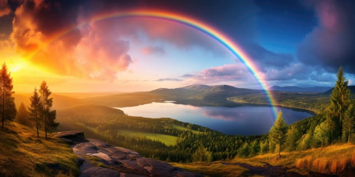 Colorful, huge rainbow over a beautiful scenery nature, landscape