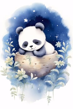 A whimsical cartoon panda bear sleeps in a basket, imagination and childhood concept - generative AI