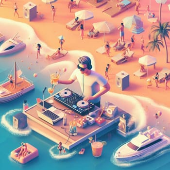 young deejay, wear glasses earphone hosting dj set at crowded beach party tropical island isometric ai generative ai art