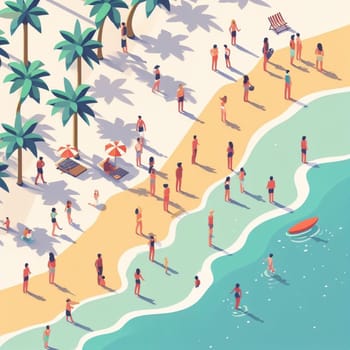 people having fun in the beach, isometric view, sea waves, 3d illustration generative ai art