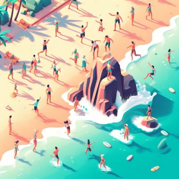 people having fun in the beach, isometric view, sea waves, 3d illustration generative ai art