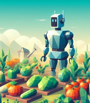 robot working in the farm vegetable garden to grow produce for human consumption ai generated