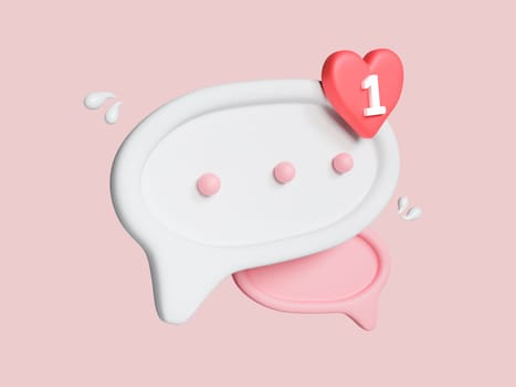 Sweet pink 3d love like heart social media notification speech bubble icon pin isolated on pink background. clipping path. minimal conceptual 3D render illustration.