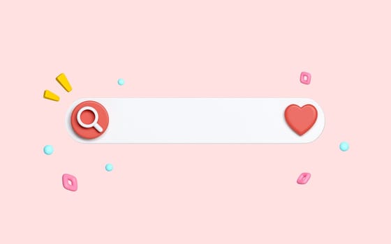 Minimal abstract background for online like and social media concept. Blank web search bar and pink heart on pink background. 3d rendering illustration. Clipping path of element included.