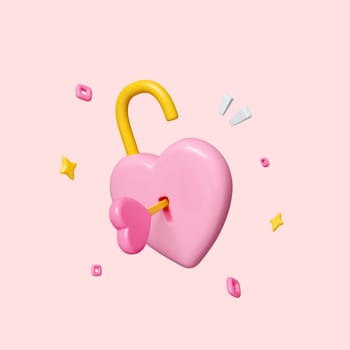 Pink candy hearts with keyhole, padlock. Symbol of love. Valentine day. isolated on pink background. clipping path. 3D render illustration.