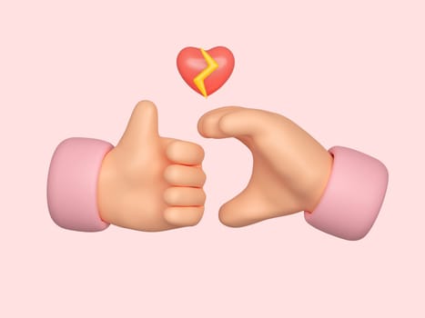 3d Cartoon hand with broken heart isolated on pink background with clipping path. 3d render illustration.