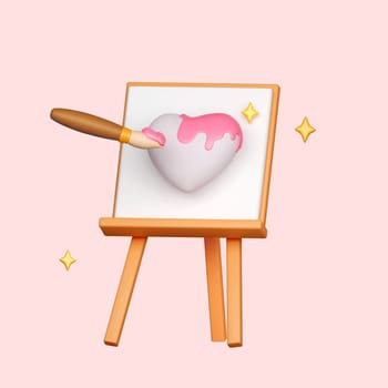 Artist paint brushes drawing heart isolate on pink background. clipping path. 3d render Illustration.