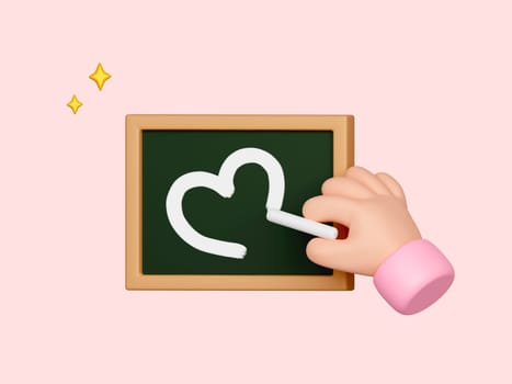 3D Hand writing heart on Chalkboard. Chalk Background With Human hand typing With White Chalk. isolated on pink background with clipping path. 3d render illustration.