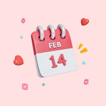 Calendar 14 February isolated on pastel pink background with clipping path. Happy Valentine's Day icon. 3d render illustration.