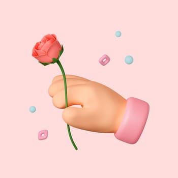 3d Cartoon hand holding red rose isolated on pink background with clipping path. Valentine's day concept. 3d render illustration