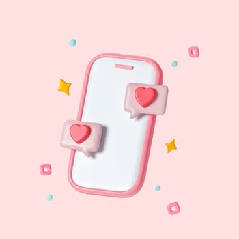 3D pink mobile phone with bubbles and hearts design of love passion romantic valentines day wedding decoration and marriage theme isolated on pink background with clipping path. 3d render illustration.