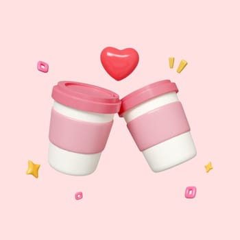 Valentine couple cup drink icon isolated on pink background. clipping path. 3D render illustration.