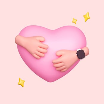 3D cartoon human hands hugging pink heart on pink background. Abstract concept of wedding, friendship and family. Two cartoon style funny open woman palms hugging heart. isolated on pink background. clipping path. 3D render illustration.