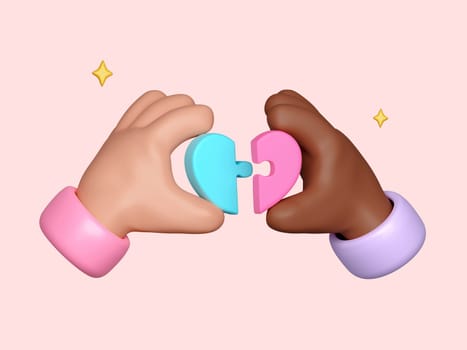 Cartoon Hand holding jigsaw puzzle heart shape, heart donate concept, world health day, charity donation, isolated on pink background, 3D render illustration.