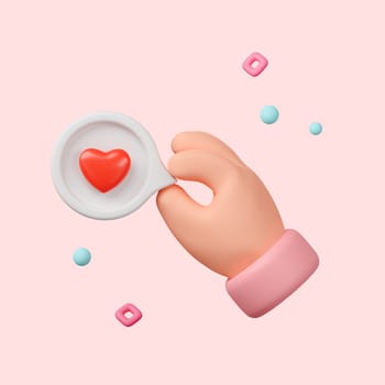 Cartoon character hand hold and give like symbol icon on a white pin and red heart isolated over pink background with clipping path. 3d rendering.